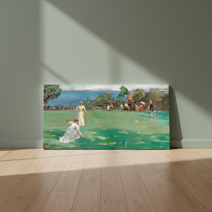 The Croquet Party canvas leaning on a sage green wall on a wooden floor in sunlight