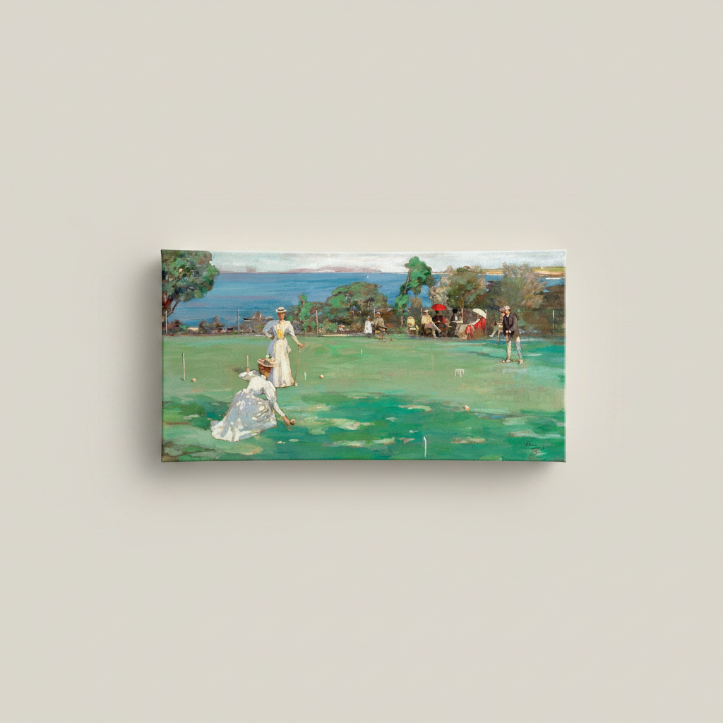 The Croquet Party by Sir John Lavery panoramic canvas print on a plain cream wall