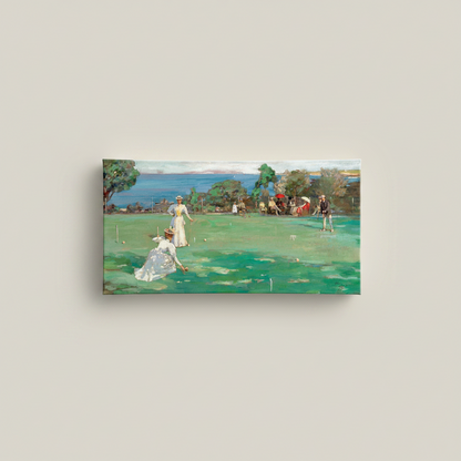 The Croquet Party by Sir John Lavery panoramic canvas print on a plain cream wall