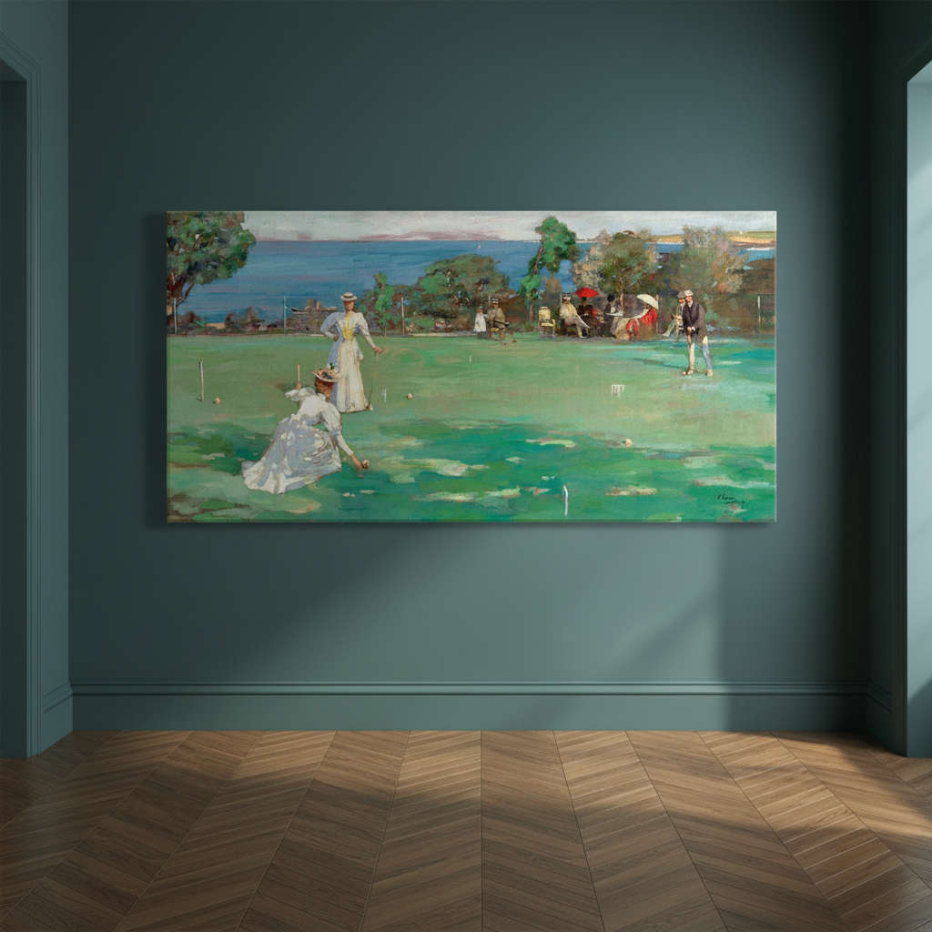 The Croquet Party by Sir John Lavery canvas on a dark teal wall above a herringbone floor