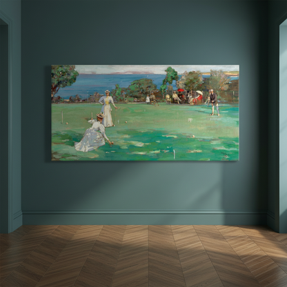 The Croquet Party by Sir John Lavery canvas on a dark teal wall above a herringbone floor