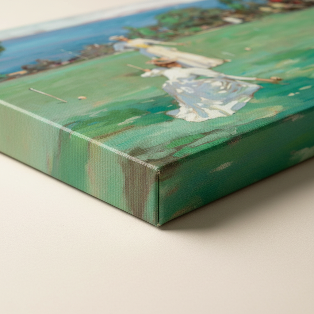 Detail of The Croquet Party canvas print showing the wrapped edge and a woman in white