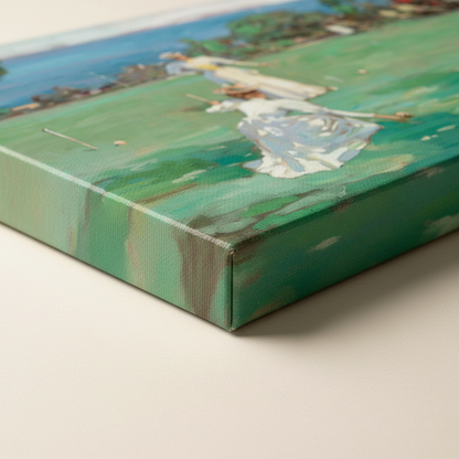 Detail of The Croquet Party canvas print showing the wrapped edge and a woman in white