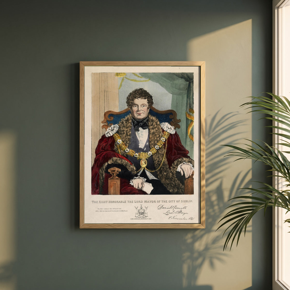 Daniel O’Connell Lord Mayor of Dublin framed print in a natural oak frame on a dark green wall beside a window, dappled plant shadow