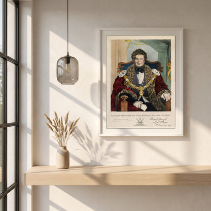 Daniel O’Connell Lord Mayor of Dublin framed print in a white frame on a plaster wall above an oak worktop in a bright Scandinavian kitchen
