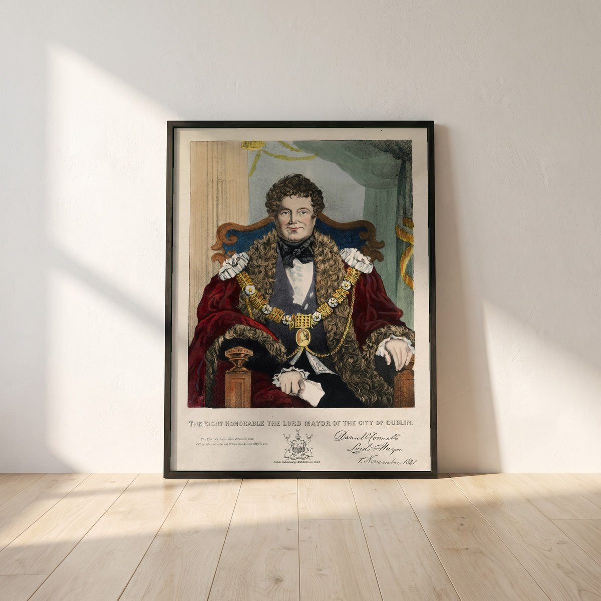 Daniel O’Connell Lord Mayor of Dublin framed print in a black frame leaning against a white plaster wall on oak floorboards in morning light