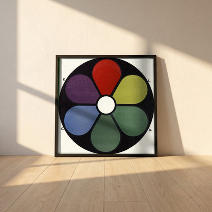Darkened Shades of the Primaries by James Ward framed print in a black frame leaning against a white plaster wall on oak floorboards in morning light