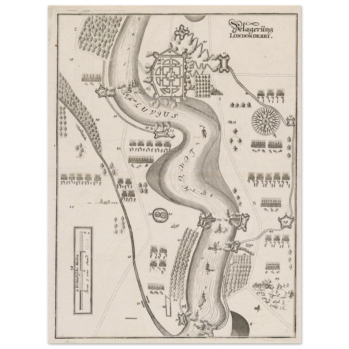 The Siege of Derry 1689 map print showing the star-shaped city fortifications and besieging army camps in engraved detail