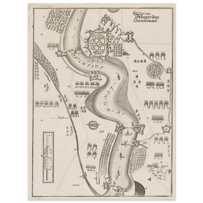 The Siege of Derry 1689 map print showing the star-shaped city fortifications and besieging army camps in engraved detail