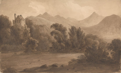 Dunloe Castle, Killarney, drawn by Isaac Weld around 1807 in pen and brown ink with brown wash