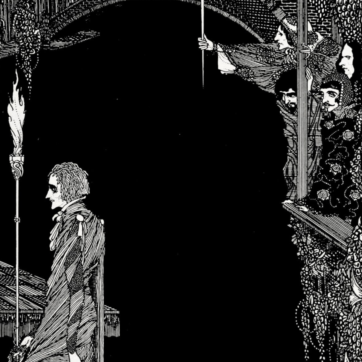 Detail of Myself No Power by Harry Clarke showing the cloaked figure, torch and ornate linework