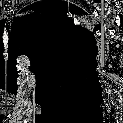 Detail of Myself No Power by Harry Clarke showing the cloaked figure, torch and ornate linework
