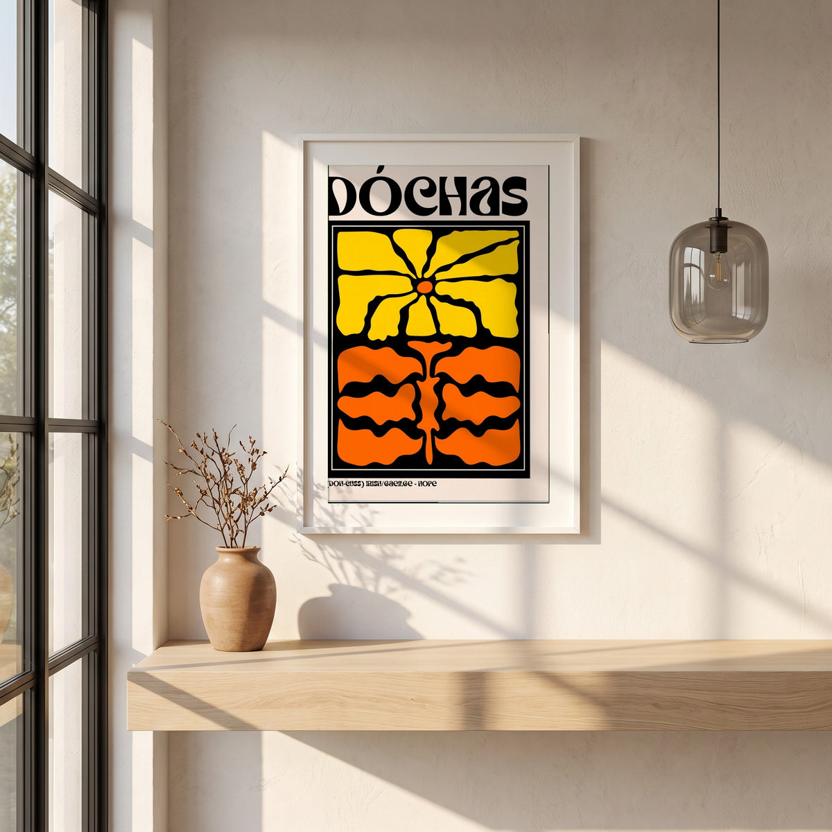 Dóchas framed print in a white frame on a plaster wall above an oak worktop in a bright Scandinavian kitchen
