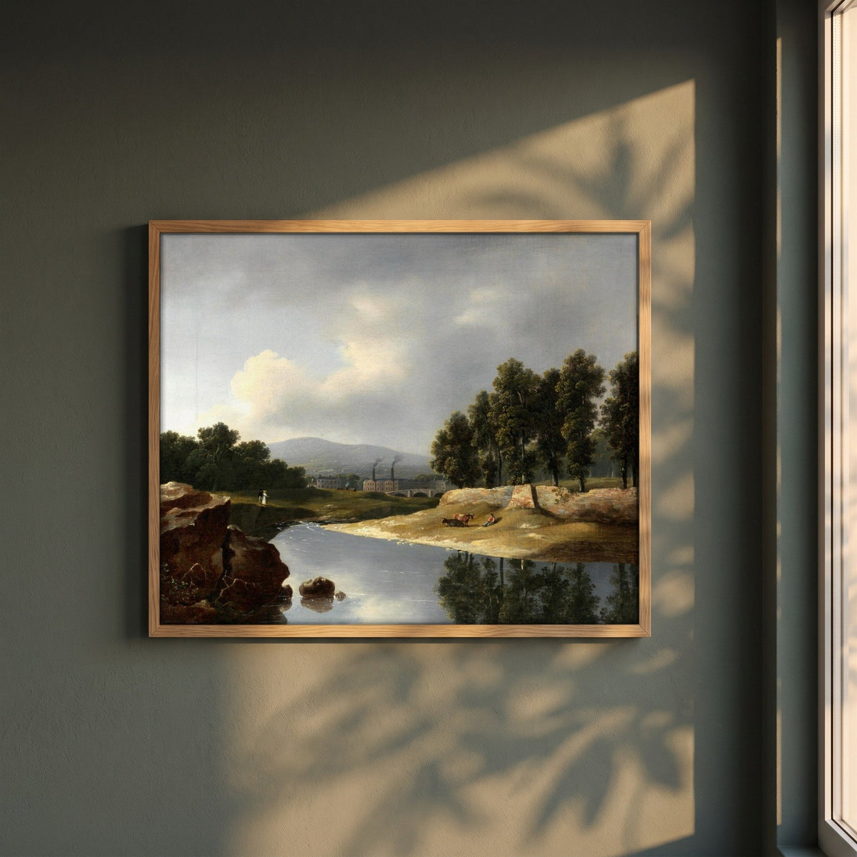 Duffy’s Cotton Mills, Ballsbridge framed print in a natural oak frame on a dark green wall beside a window, dappled plant shadow