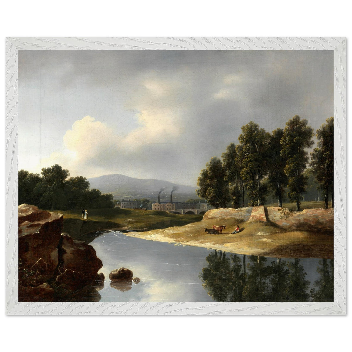 Duffy's Cotton Mills, Ballsbridge by James Arthur O'Connor in a white frame, Dublin river scene under grey clouds