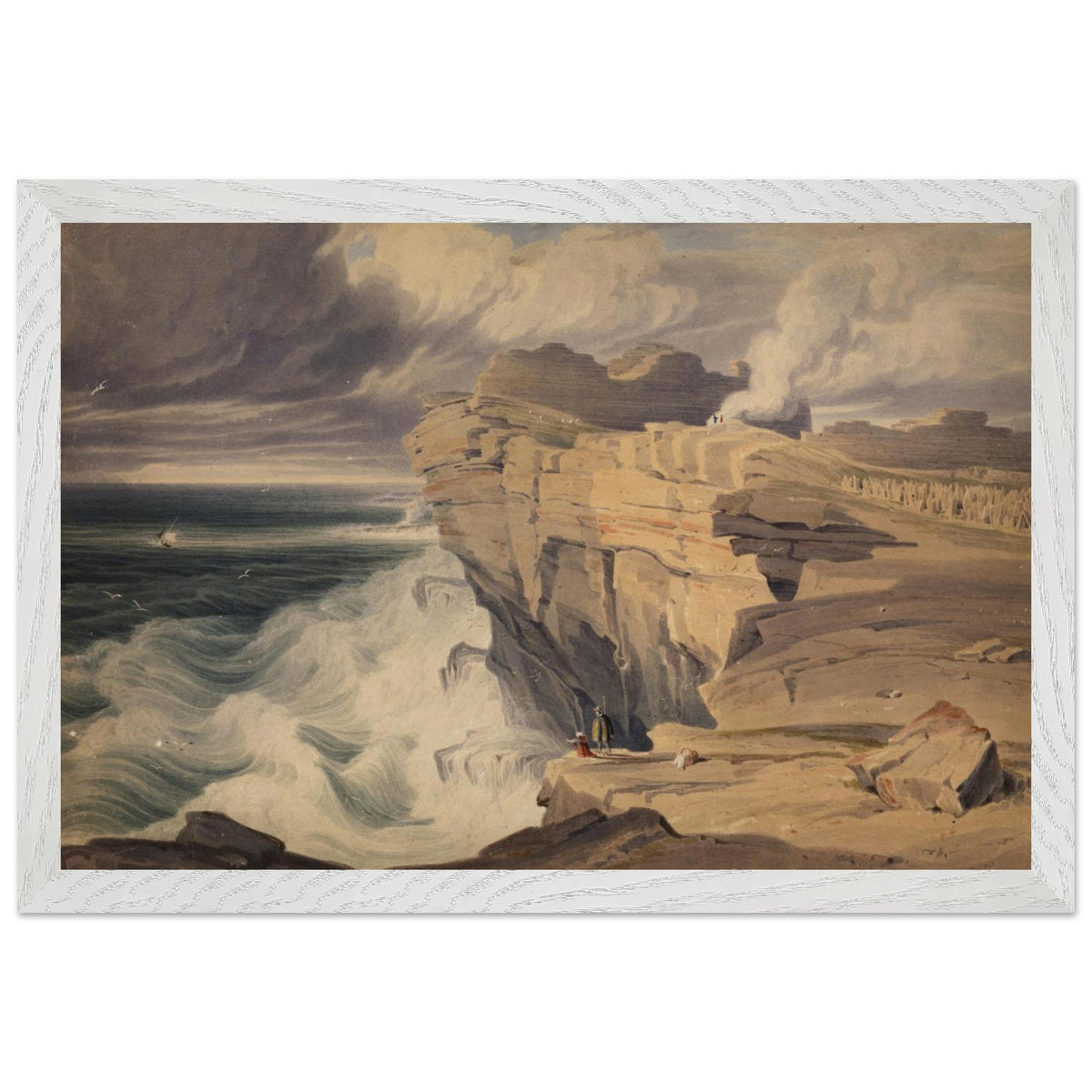 Dún Aonghasa, Inis Mór by George Petrie in a white frame, Aran Islands cliffs under a stormy sky