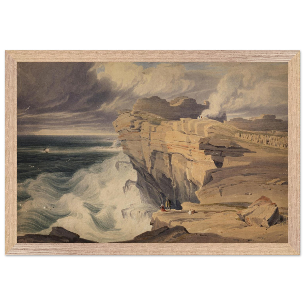 Dún Aonghasa, Inis Mór by George Petrie in an oak frame, Aran Islands cliffs under a stormy sky