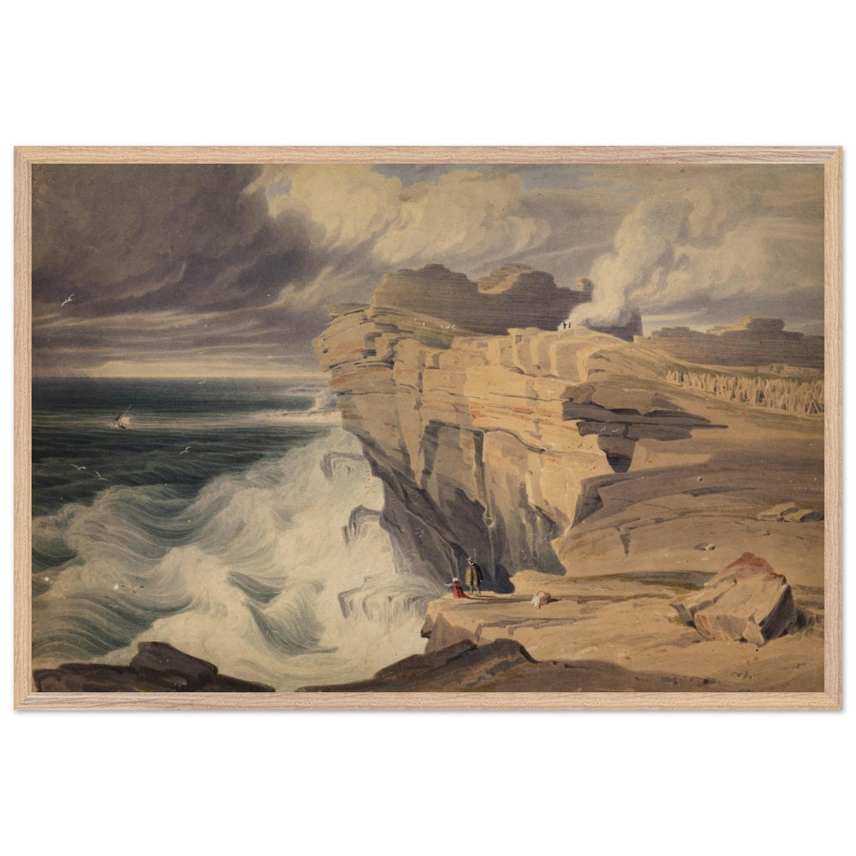 Dún Aonghasa, Inis Mór by George Petrie in an oak frame, waves breaking below the cliff fort