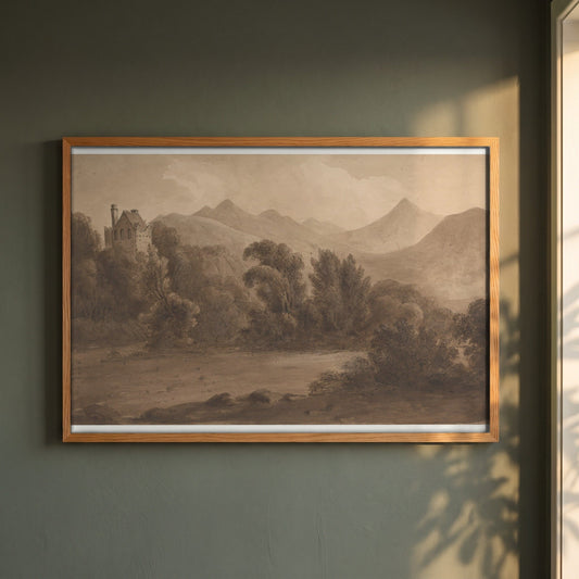 Dunloe Castle, Killarney framed print in a natural oak frame on a dark green wall beside a window, dappled plant shadow