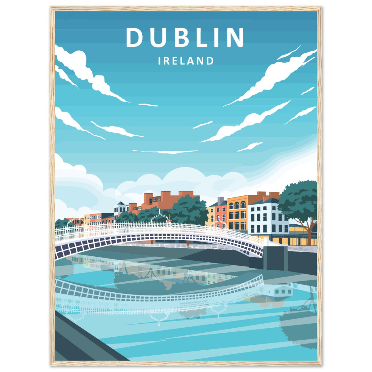 Dublin retro travel poster, footbridge and colourful quays, in a light oak frame, larger size option