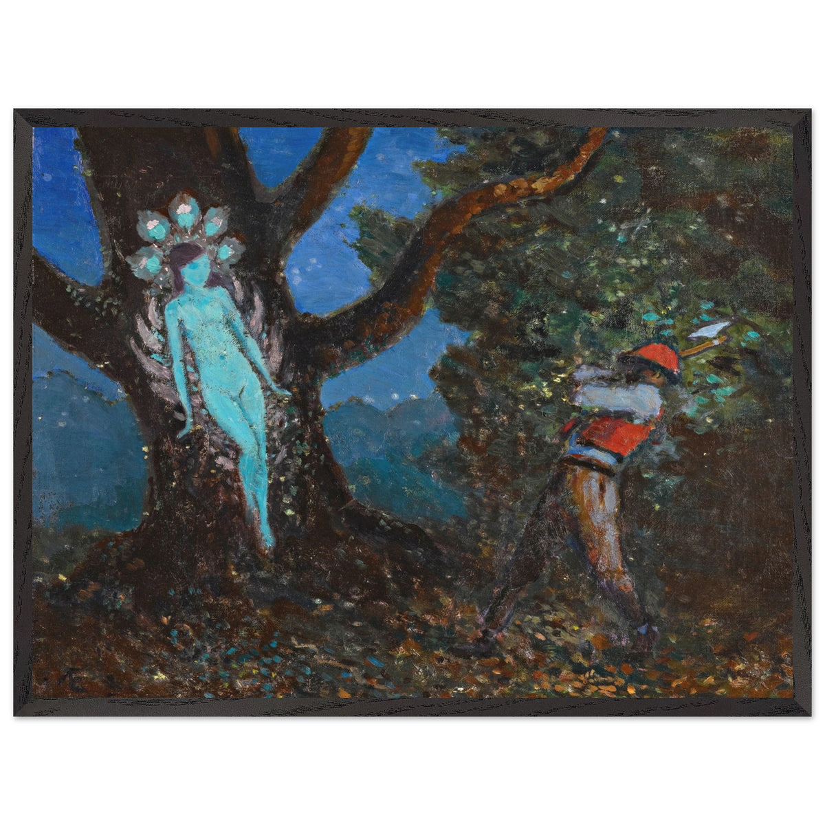 The Woodchopper and The Tree Spirit by George Russell (Æ) in a black frame, turquoise spirit in an old tree
