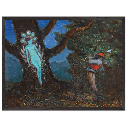 The Woodchopper and The Tree Spirit by George Russell (Æ) in a black frame, turquoise spirit in an old tree