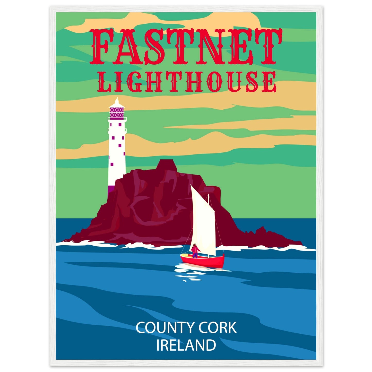 Fastnet Lighthouse County Cork Ireland Travel Retro Framed Art Print – room setting display | Buy Irish Art