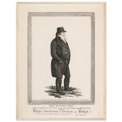 Edward Bunting portrait print on cream paper, standing figure in top hat and long coat