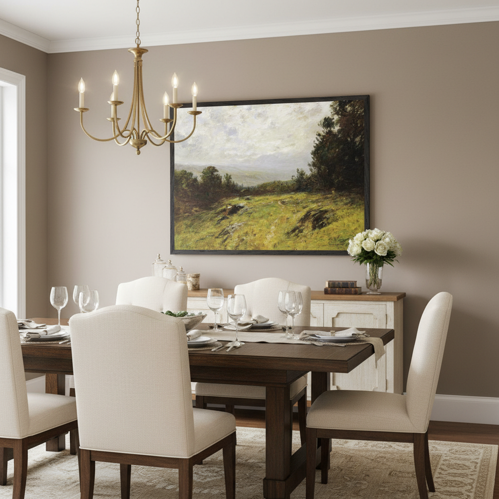 Edward Gay Hillside 1908 Irish-American landscape print framed on a warm dining room wall