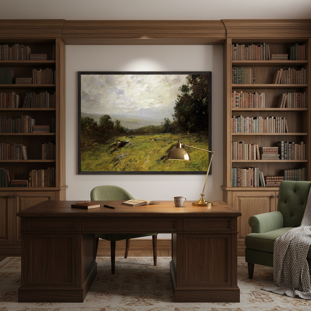 Edward Gay Hillside 1908 Irish-American landscape print framed above a wooden desk in a home study