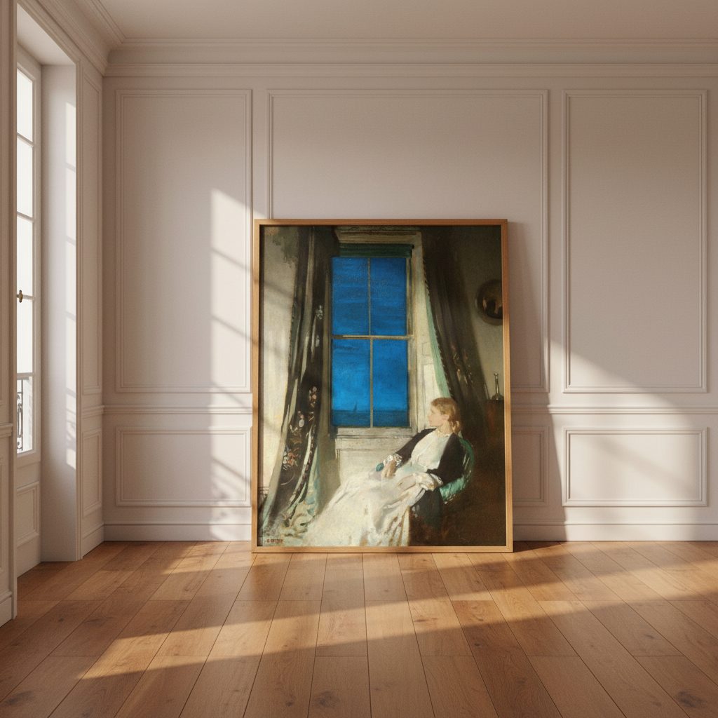 Night by William Orpen in an oak frame leaning against a panelled wall in a sunlit room