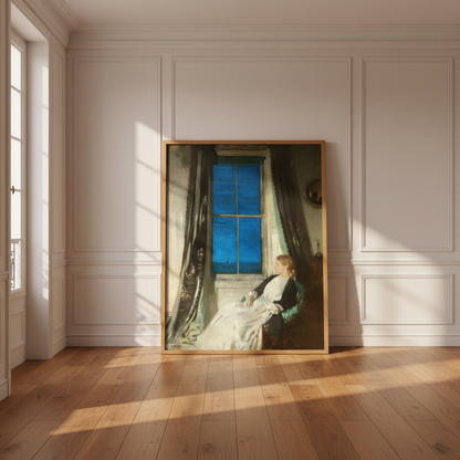 Night by William Orpen in an oak frame leaning against a panelled wall in a sunlit room
