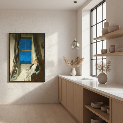 Night by William Orpen framed print in a black frame on a kitchen wall beside open shelves
