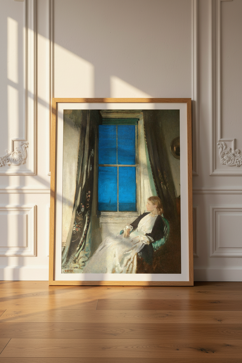 Night by William Orpen in a wooden frame leaning on a floor against a panelled wall