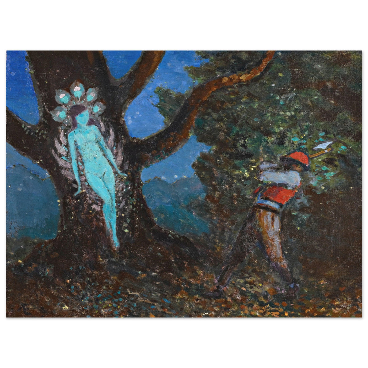 The Woodchopper and The Tree Spirit by George Russell (Æ) unframed print, glowing tree spirit and woodcutter