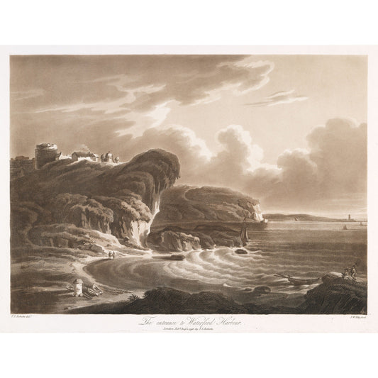 The Entrance to Waterford Harbour, 1796 sepia aquatint by Thomas Sautelle Roberts, cliffs and a ruin