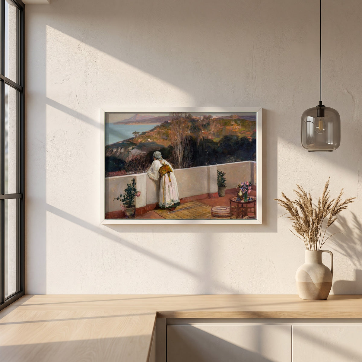 Evening, Tangier framed print in a white frame on a plaster wall above an oak worktop in a bright Scandinavian kitchen