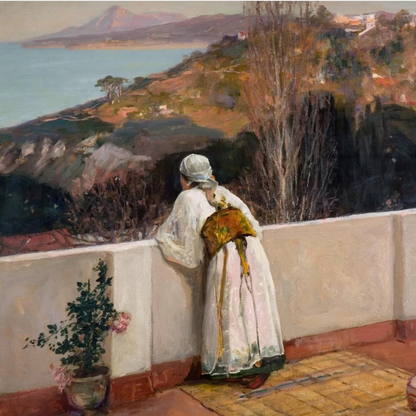 Detail of Evening, Tangier showing a woman in a white robe leaning on a terrace wall