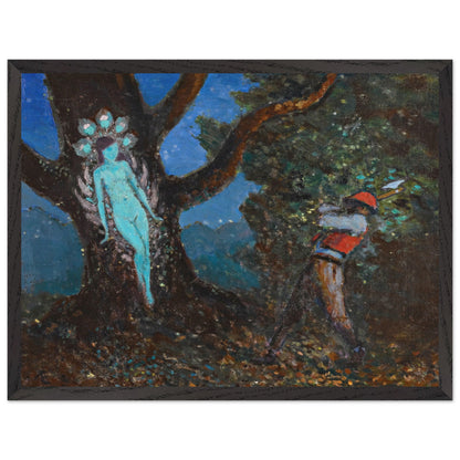 The Woodchopper and The Tree Spirit by George Russell (Æ) in a black frame, woodcutter in red by a tree