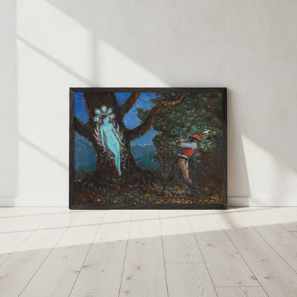 The Woodchopper and The Tree Spirit by George Russell (Æ) in a black frame leaning against a sunlit white wall