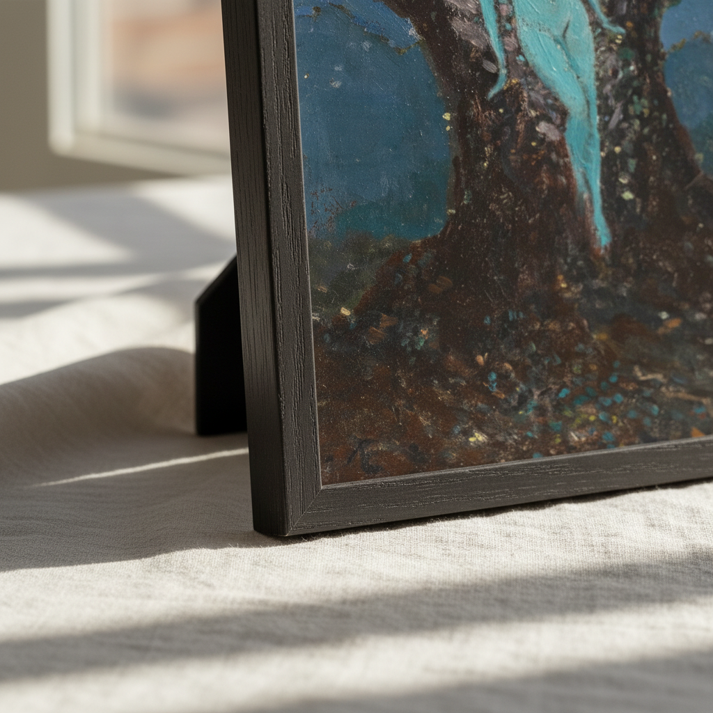 Detail of the black frame corner on The Woodchopper and The Tree Spirit print by George Russell (Æ)
