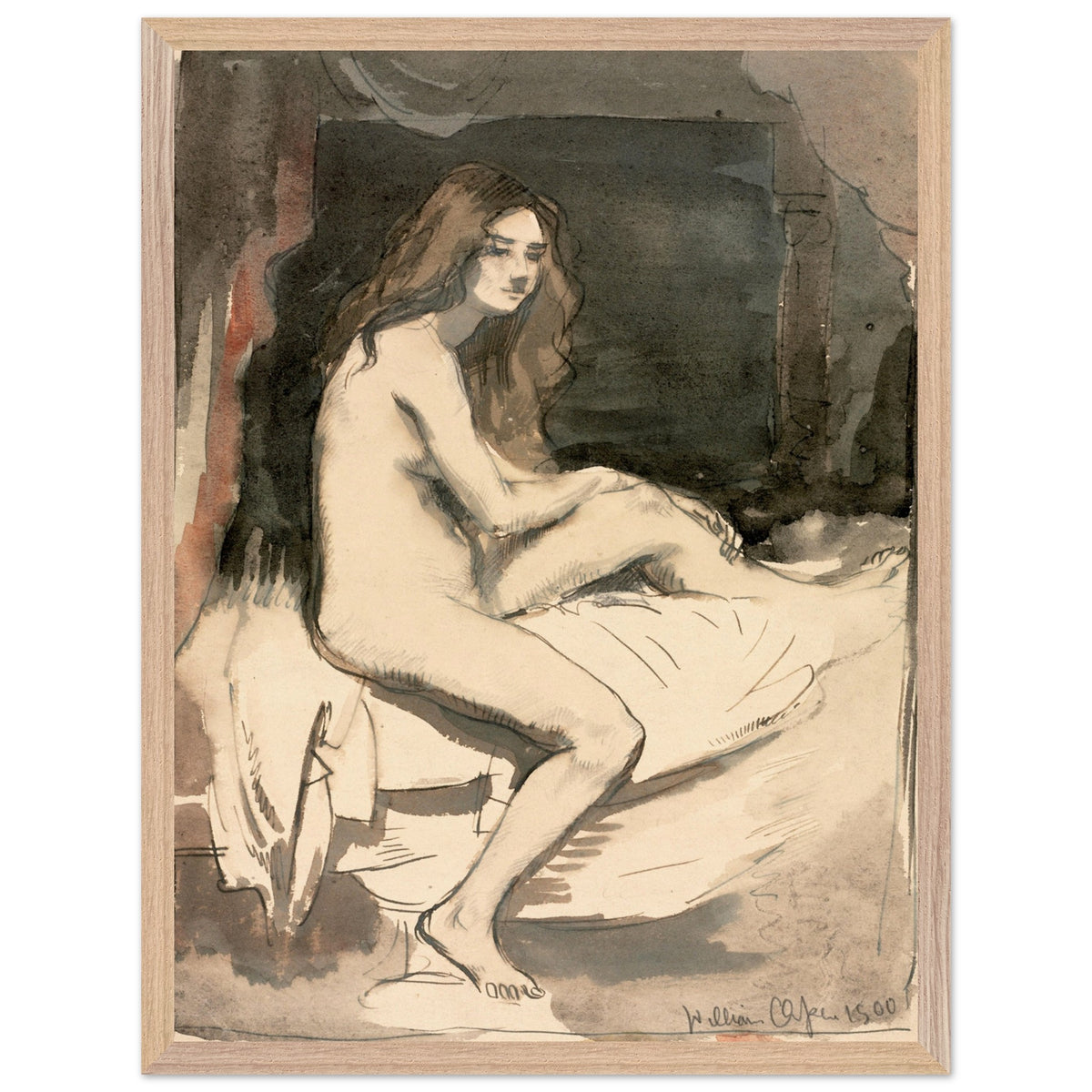 Seated female nude study by William Orpen, in a light oak frame, larger size option