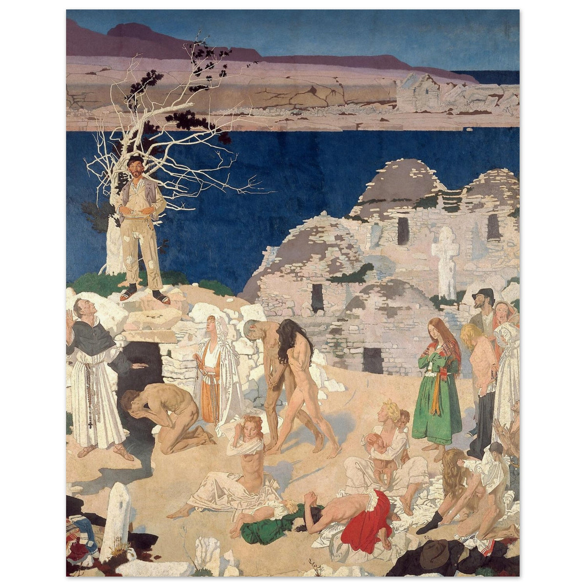 The Holy Well by William Orpen unframed print, figure by a bare tree above bathing pilgrims