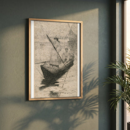 Figures in a Boat framed print in a natural oak frame on a dark green wall beside a window, dappled plant shadow