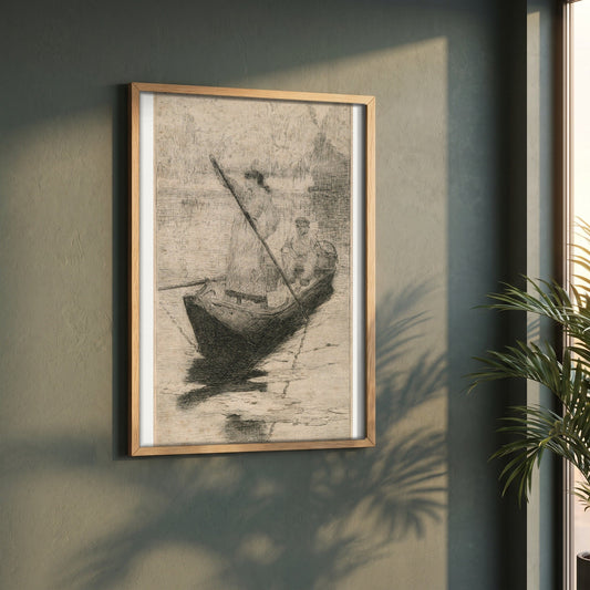 Figures in a Boat framed print in a natural oak frame on a dark green wall beside a window, dappled plant shadow