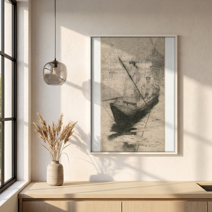Figures in a Boat framed print in a white frame on a plaster wall above an oak worktop in a bright Scandinavian kitchen