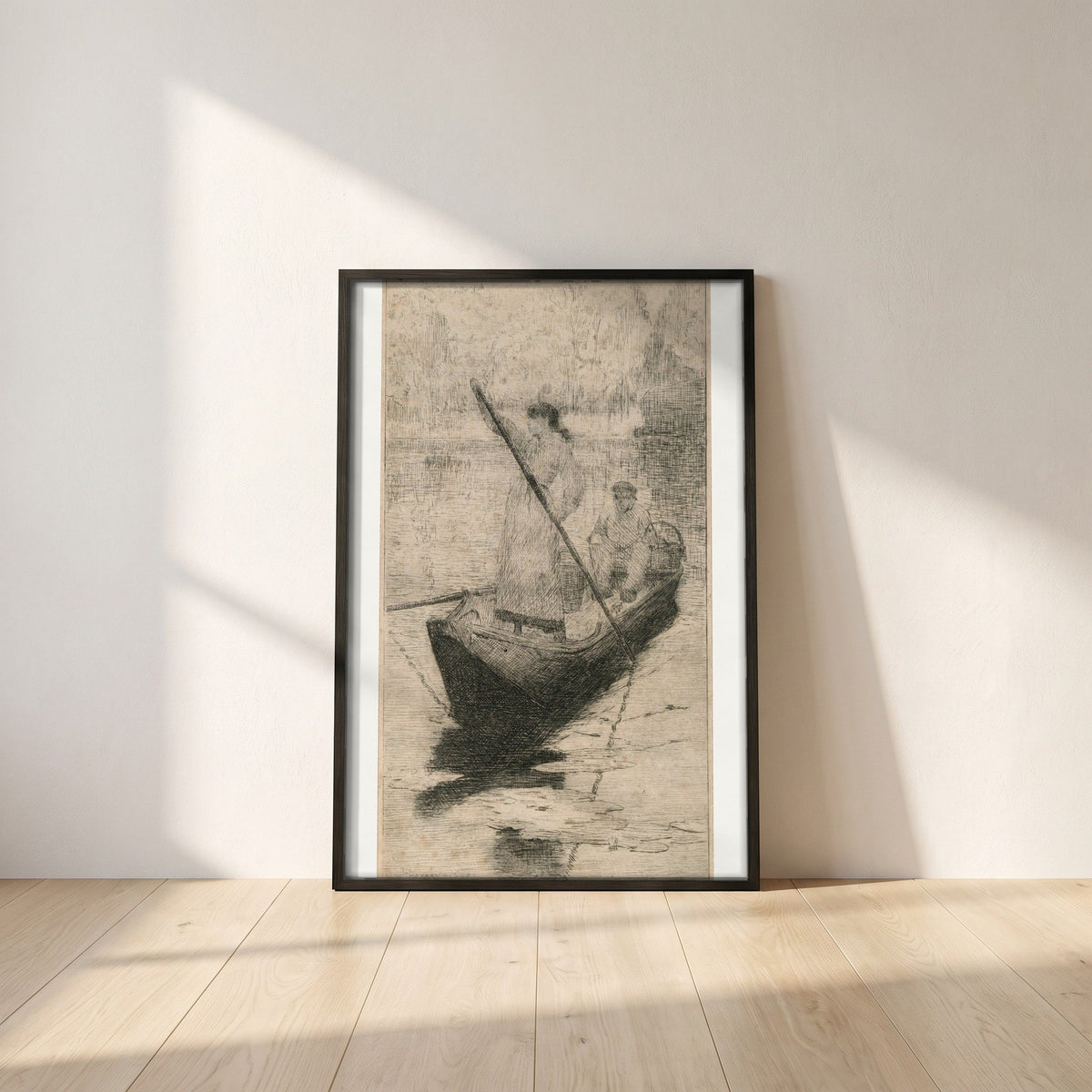 Figures in a Boat framed print in a black frame leaning against a white plaster wall on oak floorboards in morning light