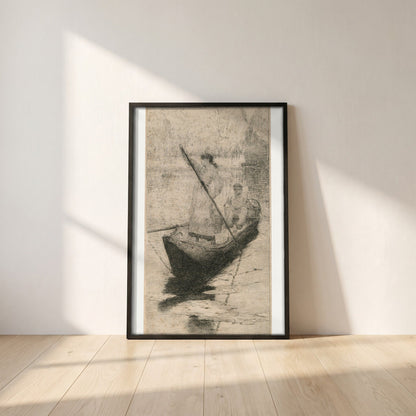 Figures in a Boat framed print in a black frame leaning against a white plaster wall on oak floorboards in morning light