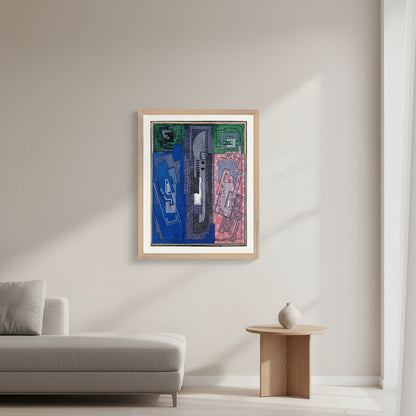 Four Element Composition by Mainie Jellett in an oak frame in a calm living room with a daybed and side table