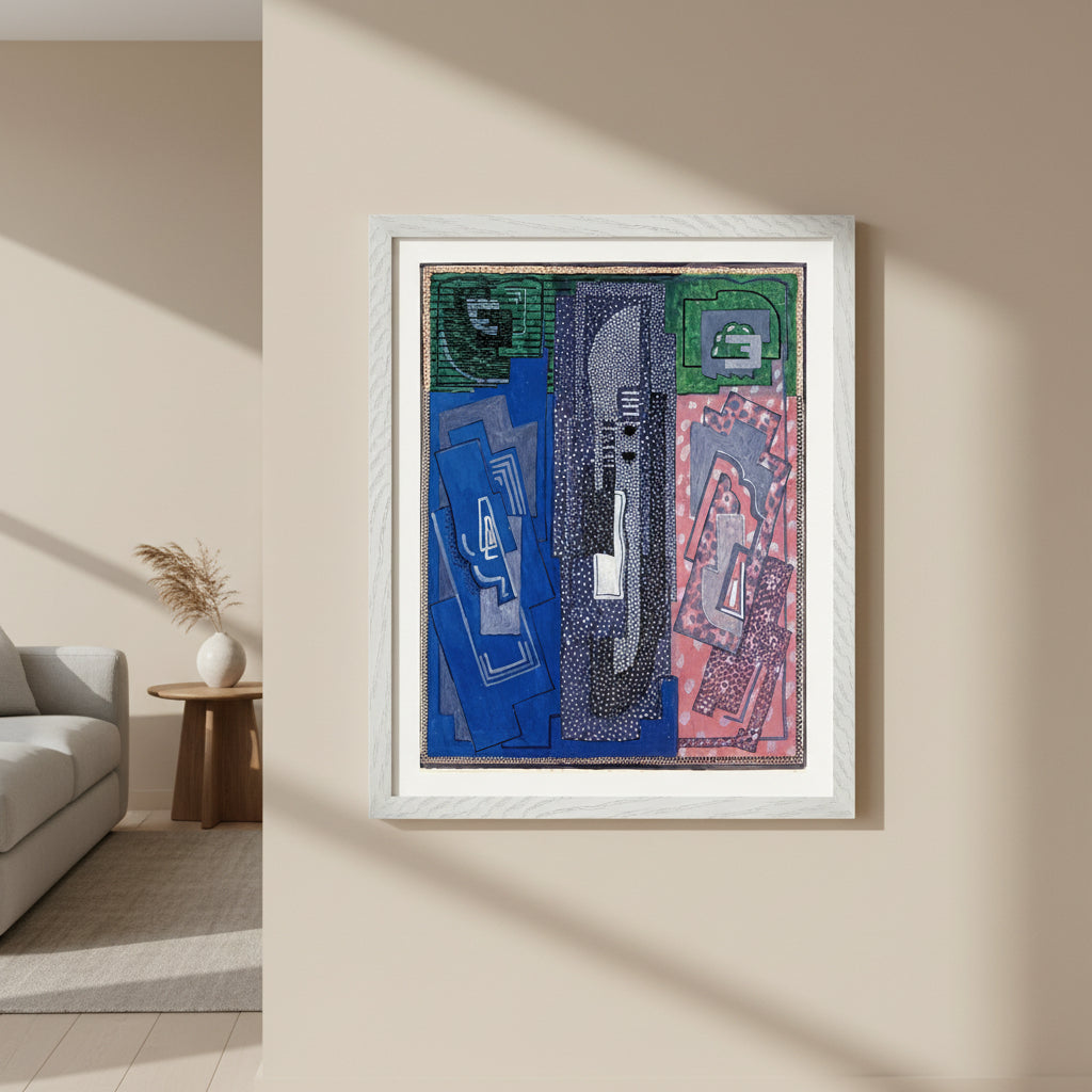 Four Element Composition by Mainie Jellett in a white frame on a warm beige wall beside a sofa